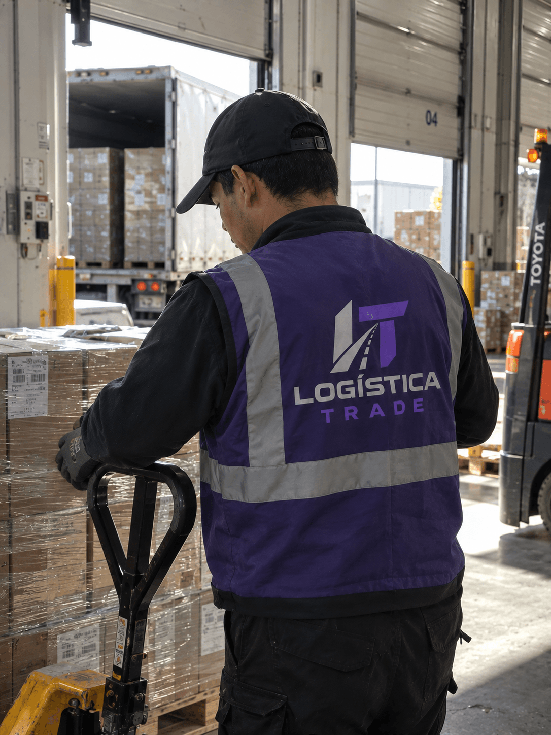 Operario con chaleco de Logística Trade moviendo pallets con transpaleta en el andén de carga