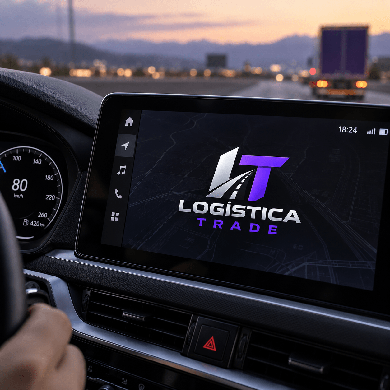 Pantalla de navegación en la cabina de un camión, con la marca Logística Trade y la ruta a la vista